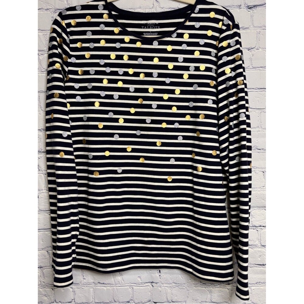 Talbots Navy Cream Nautical Coastal Long Sleeve Crewneck Metallic Dot T-shirt L